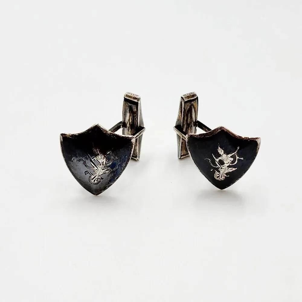 Vintage Siam Sterling Silver Niello Dancer In Shield Cufflinks